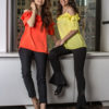 coral and yellow ruffle cold shoulder tops- front