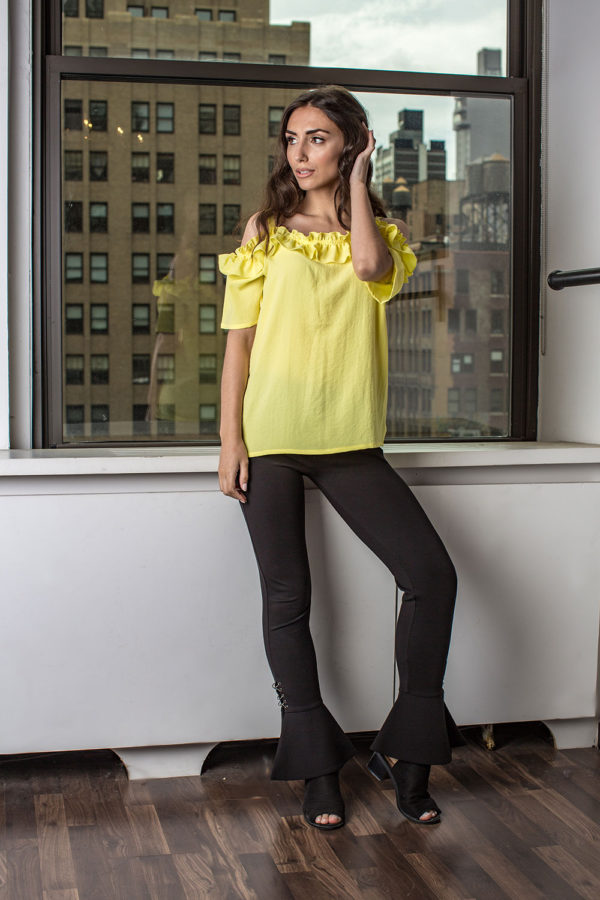 yellow ruffle cold shoulder top- front