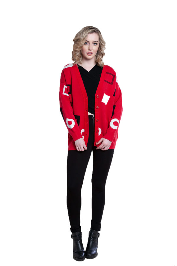 red geometric printed knit cardigan- front