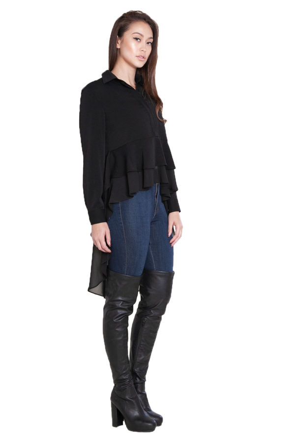 black ruffle front high low blouse- side