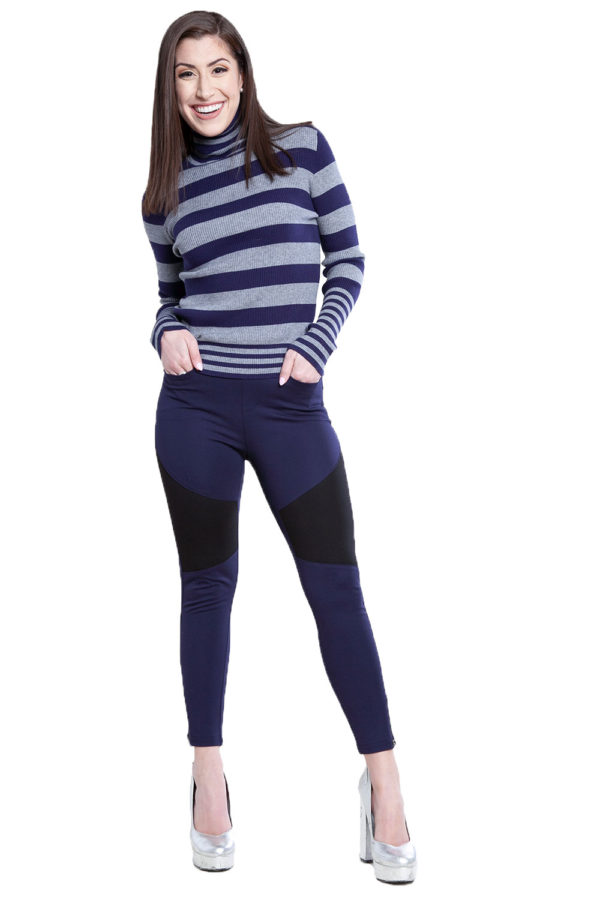 navy and grey striped turtleneck sweater- front
