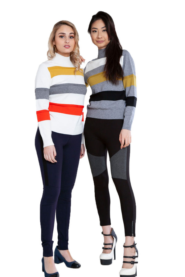 grey and white striped knit sweaters- front
