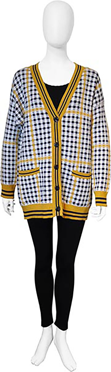 yellow and black plaid knit cardigan- front