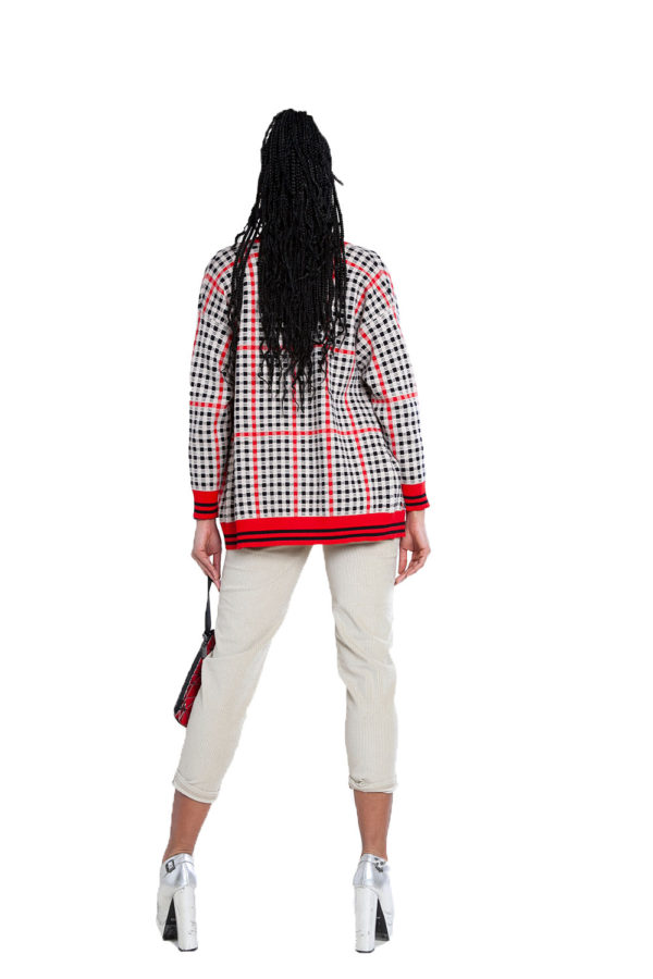 red and black plaid knit cardigan- back