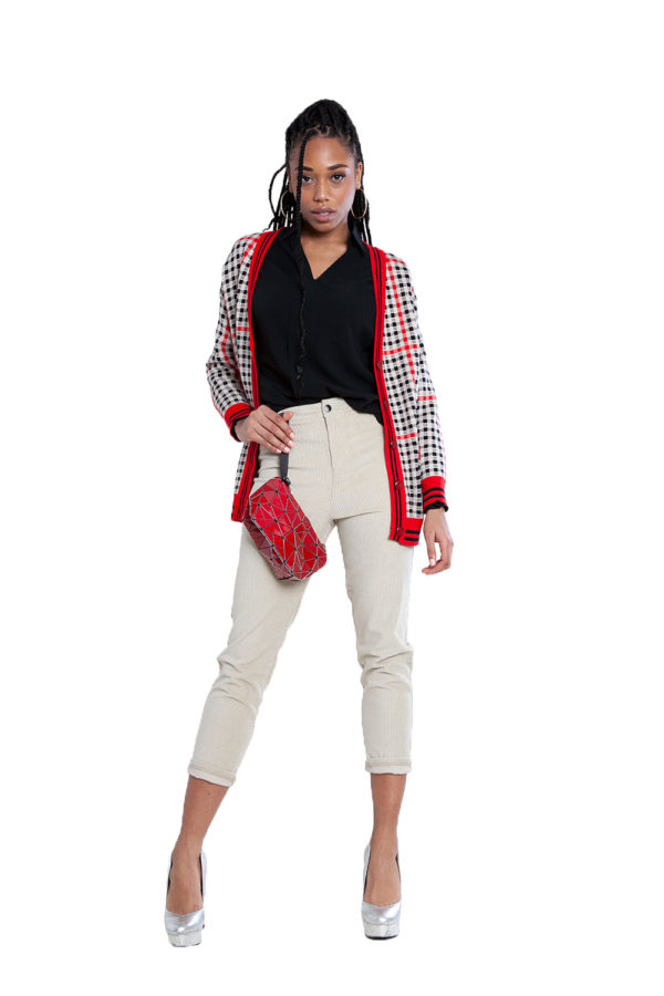 red and black plaid knit cardigan- front