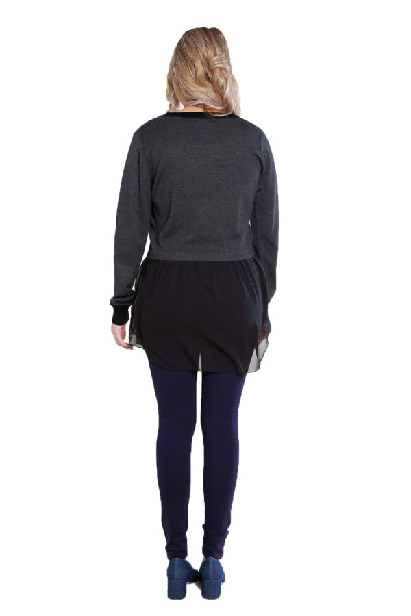 charcoal grey knit and chiffon twofer top- back