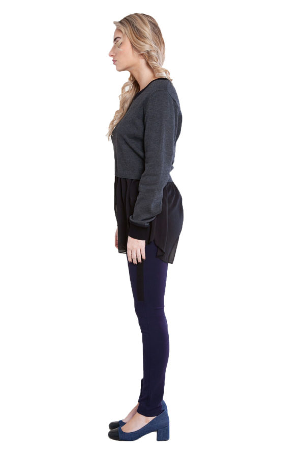 charcoal grey knit and chiffon twofer top- side