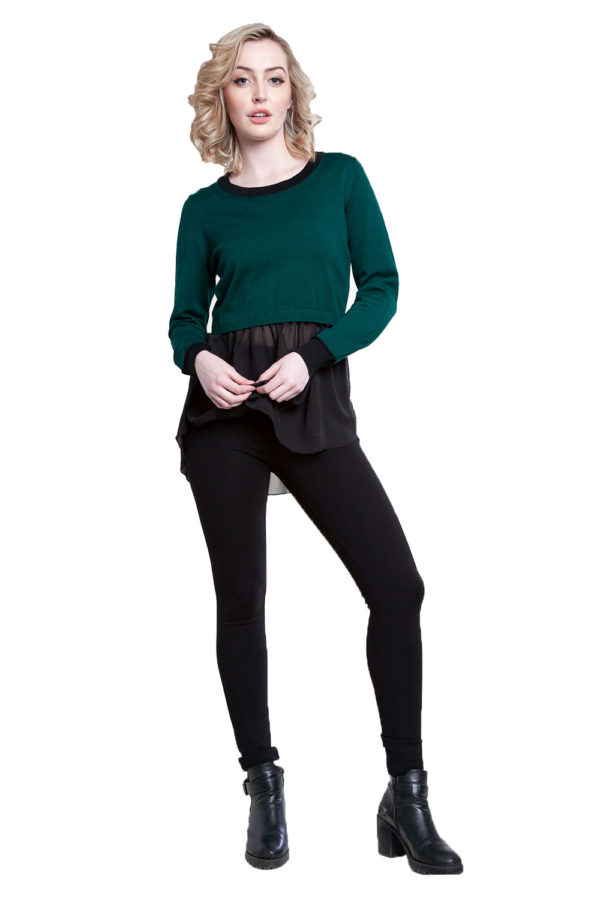 hunter green knit and chiffon twofer top- front