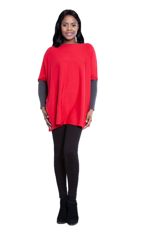 red and charcoal knit top- front