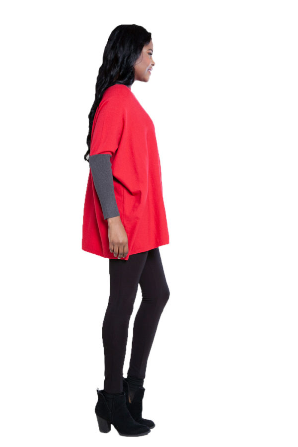 red and charcoal knit top- side