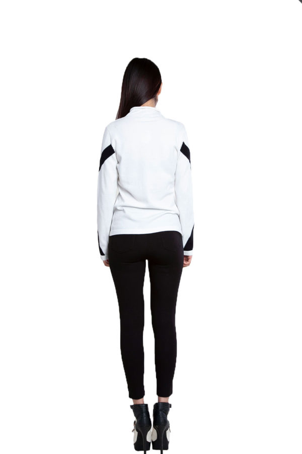 white and black sweater- back