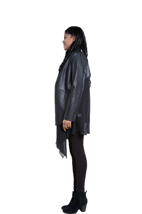 faux leather chiffon back black jacket- side