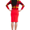 red knit skirt and knit plaid red sweater- back