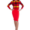 red knit skirt and knit plaid red sweater- front