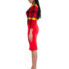 red knit skirt and knit plaid red sweater- side