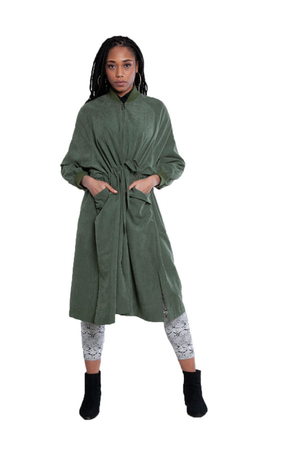 oversized belted green jacket- front