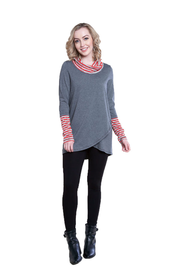 grey striped cowl neck tunic- front