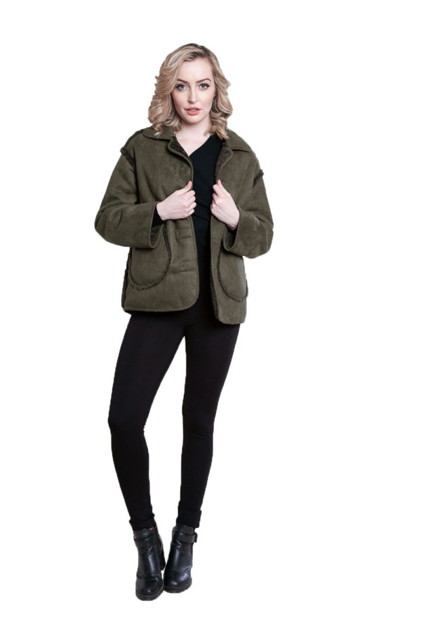 faux suede olive reversible jacket- front