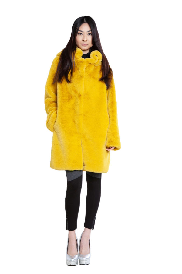 yellow faux fur long coat- front