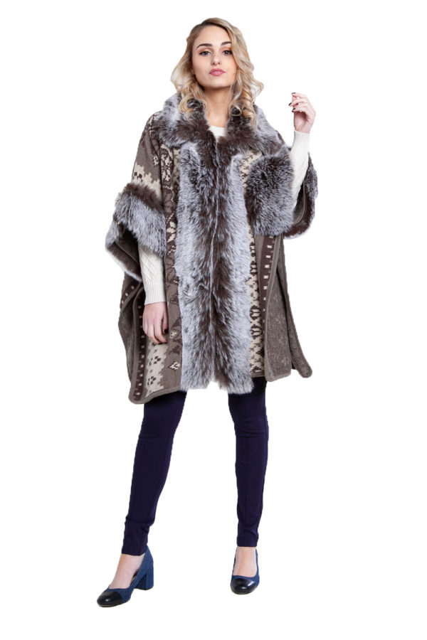 faux fur lined printed poncho- front