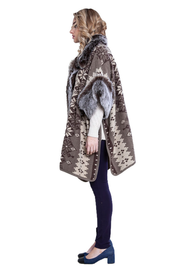 faux fur lined printed poncho- side
