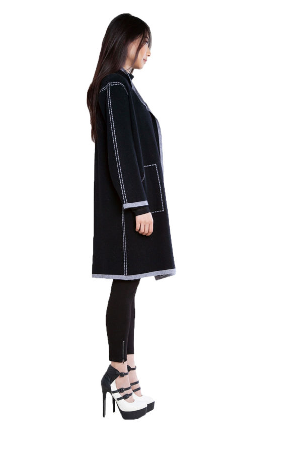 contrast stitch open black knit cardigan- side