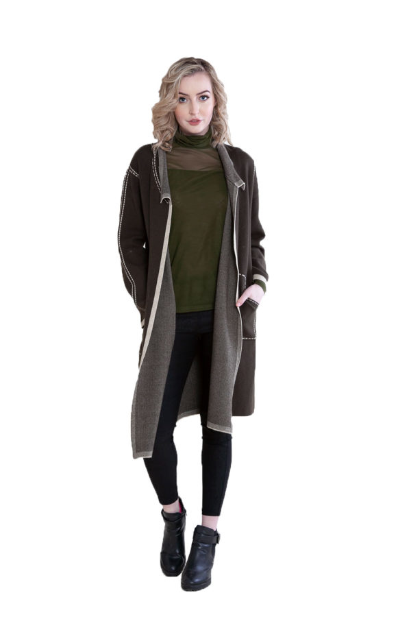 contrast stitch open olive knit cardigan- front