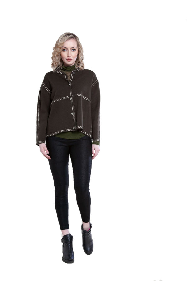 contrast stitch olive knit sweater- front