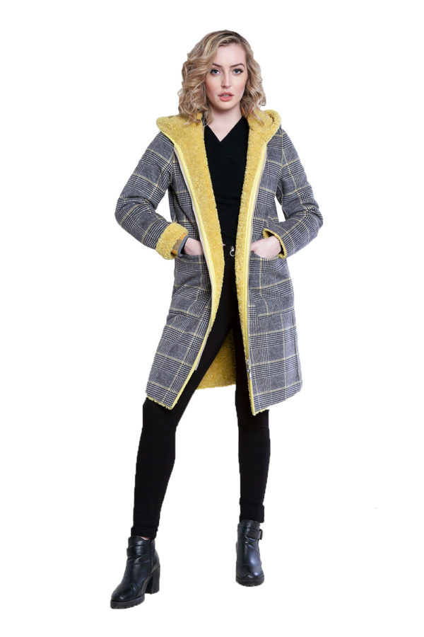reversible yellow plaid coat- front