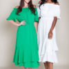 green and white bardot dress- front