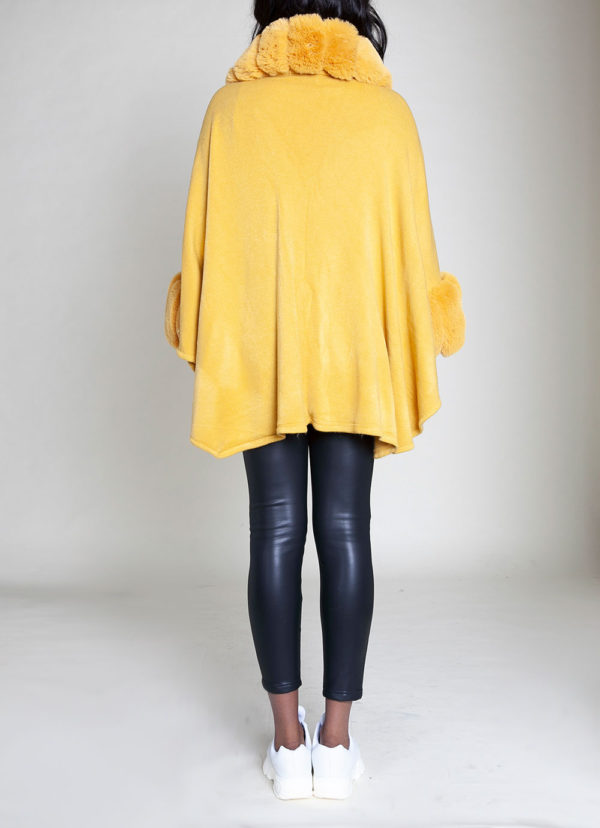 FAUX FUR LINED YELLOW PONCHO- BACK