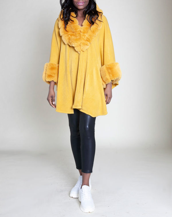 FAUX FUR LINED YELLOW PONCHO- FRONT