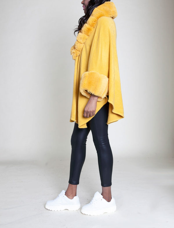 faux fur sleeved yellow poncho- side