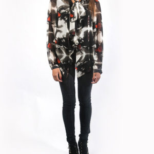 black white and red abstract printed tie front blouse-front