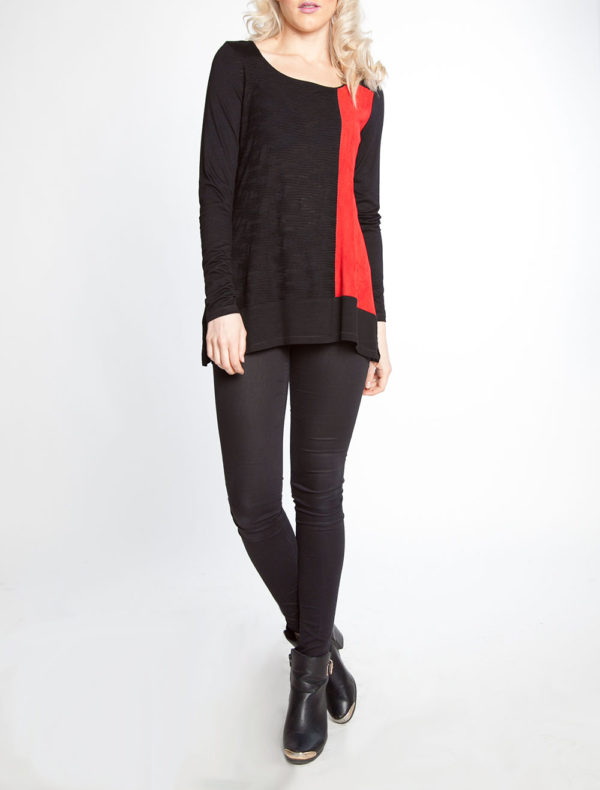 black and red color blocked long sleeve top- front