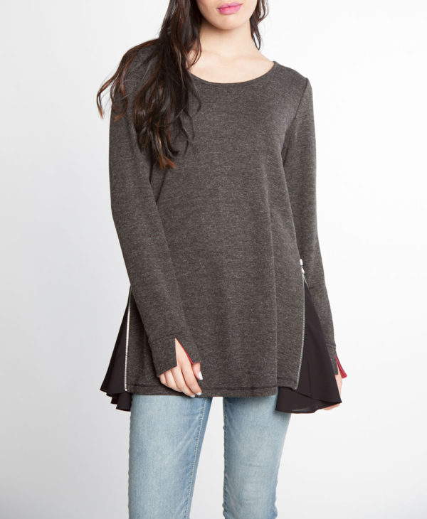 charcoal and black chiffon side long sleeve top- front