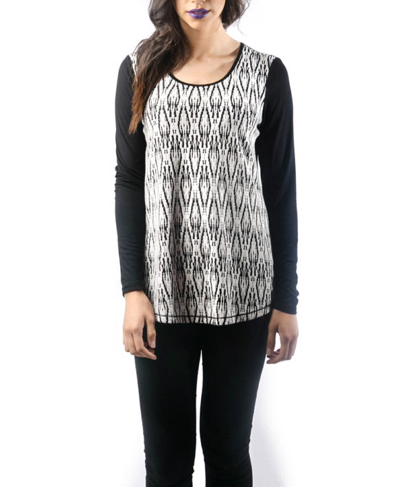 BLACK AND WHITE PRINTED LONG SLEEVE TOP- FRONT