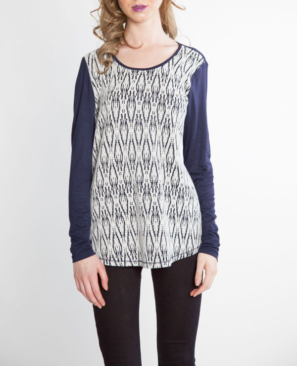 NAVY AND WHITE PRINTED LONG SLEEVE TOP- FRONT