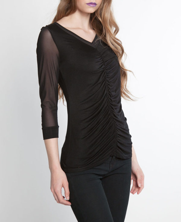 mesh sleeve ruched front black top- side