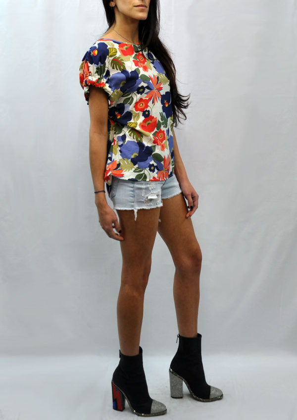 elastic short sleeve multi floral printed top- side