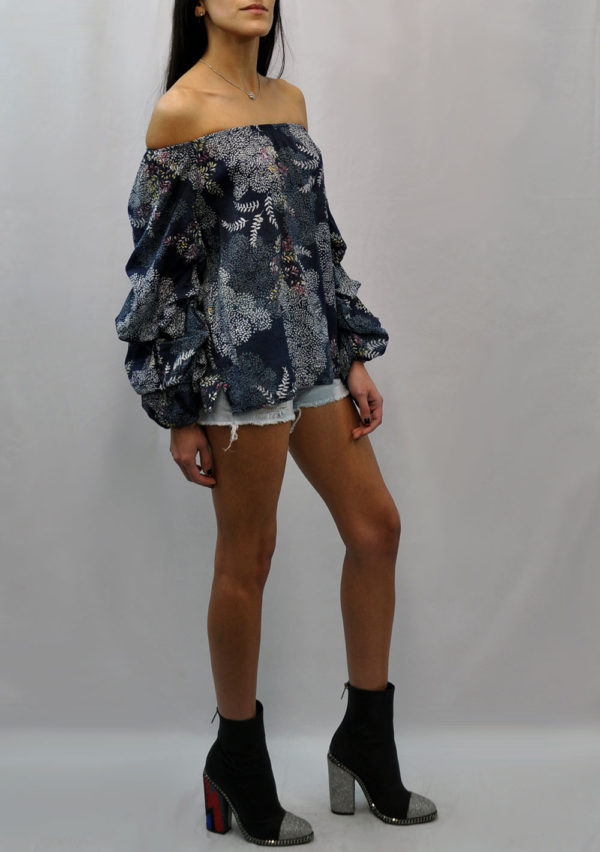 FLORAL PRINTED OFF THE SHOULDER RUFFLE SLEEVE NAVY TOP- SIDE