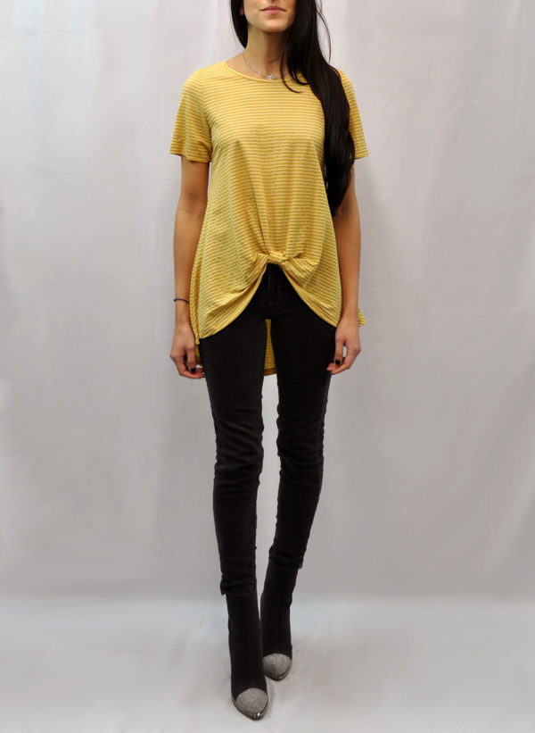 knot front high low yellow striped tshirt- front