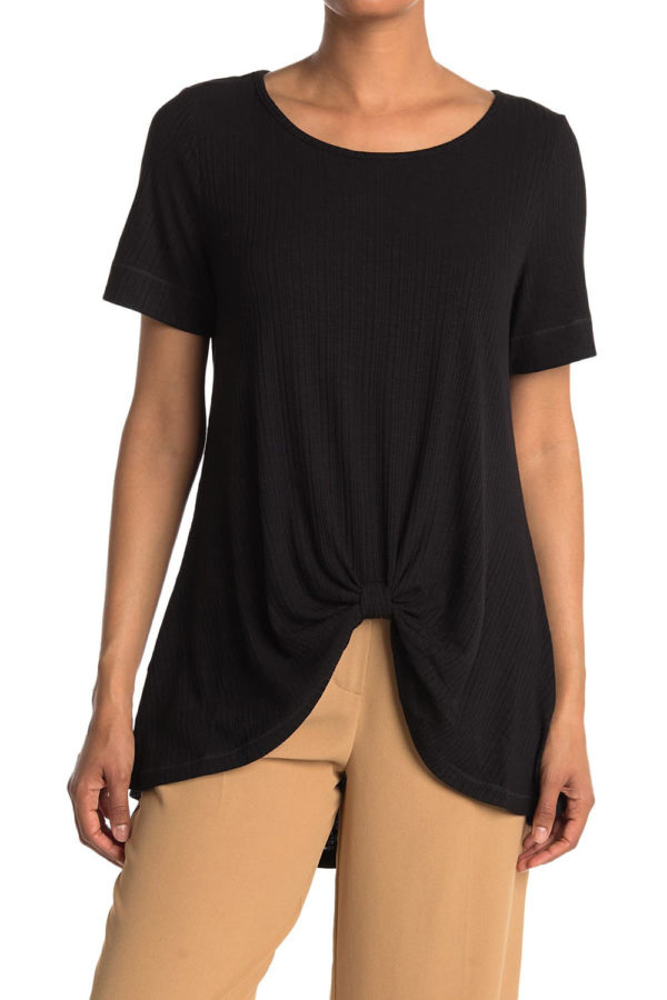 knot front short sleeve black tshirt top- front