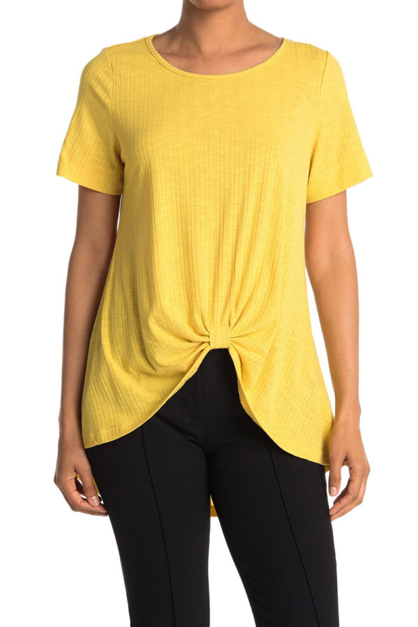 knot front short sleeve yellow tshirt top- front