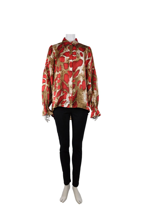 SNAKE PRINTED BELL SLEEVE RED BLOUSE