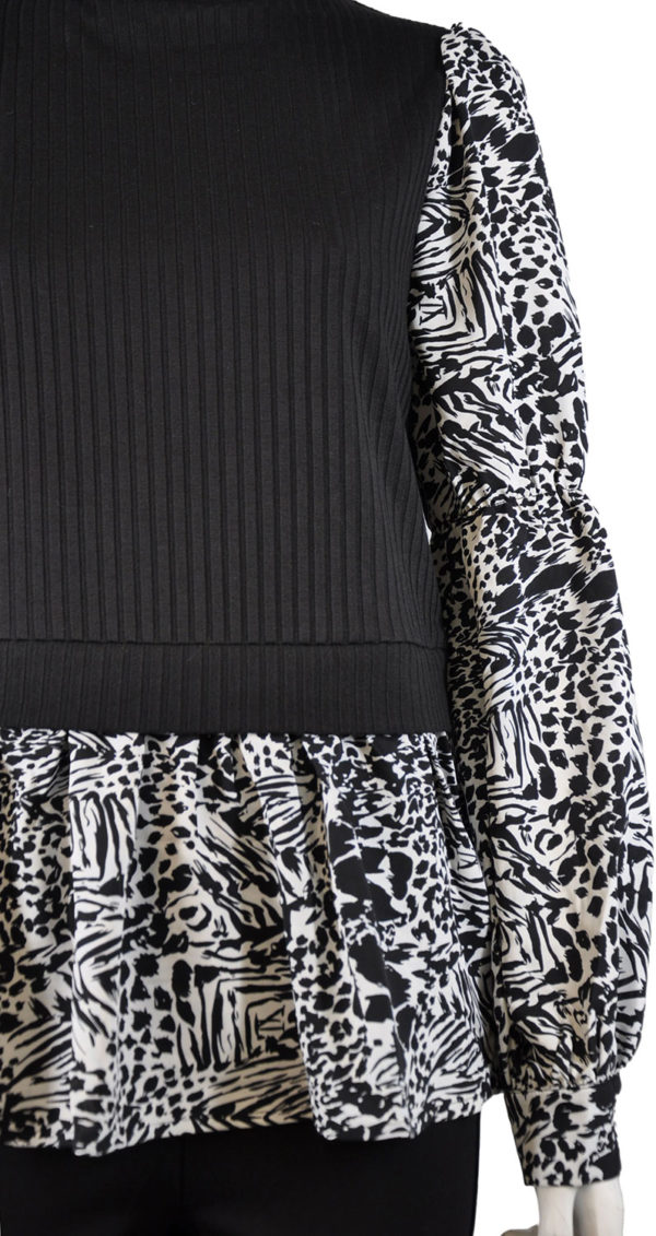 PRINTED BLACK AND WHITE LONG SLEEVE TWOFER LAYERED TOP