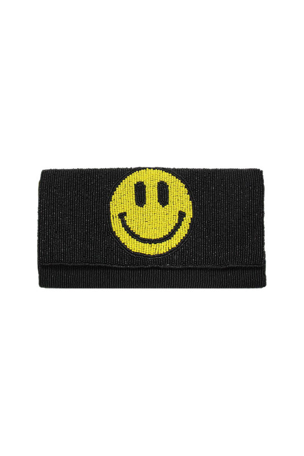 BLACK SEED BEAD CLUTCH WITH SMILEY FACE FRONT