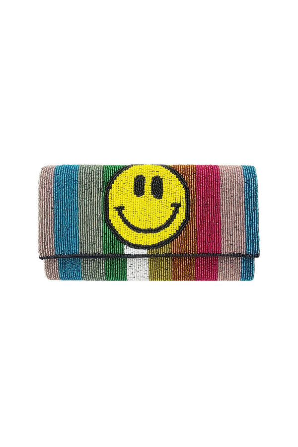 MULTI COLORED SEED BEAD CLUTCH WITH SMILEY FACE FRONT