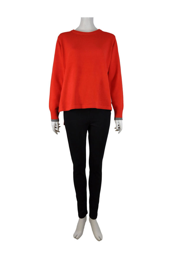 RED CONTRAST COLOR KNIT CREW NECK SWEATER