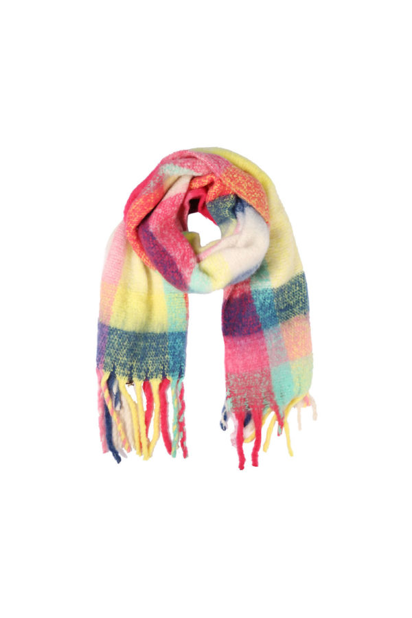PINK COLORBLOCKED KNIT SCARF WITH FRINGE